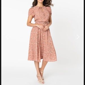 Unique Vintage 1950s Dusty Pink & Ivory Dahlia Midi Dress